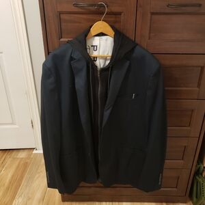 Chic Dark Blue Blazer with Black Hoodie